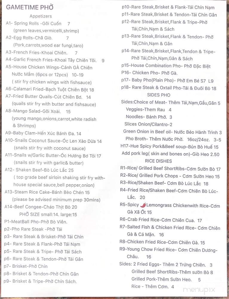 GameTime Pho Tavern - Renton, WA menu_pic