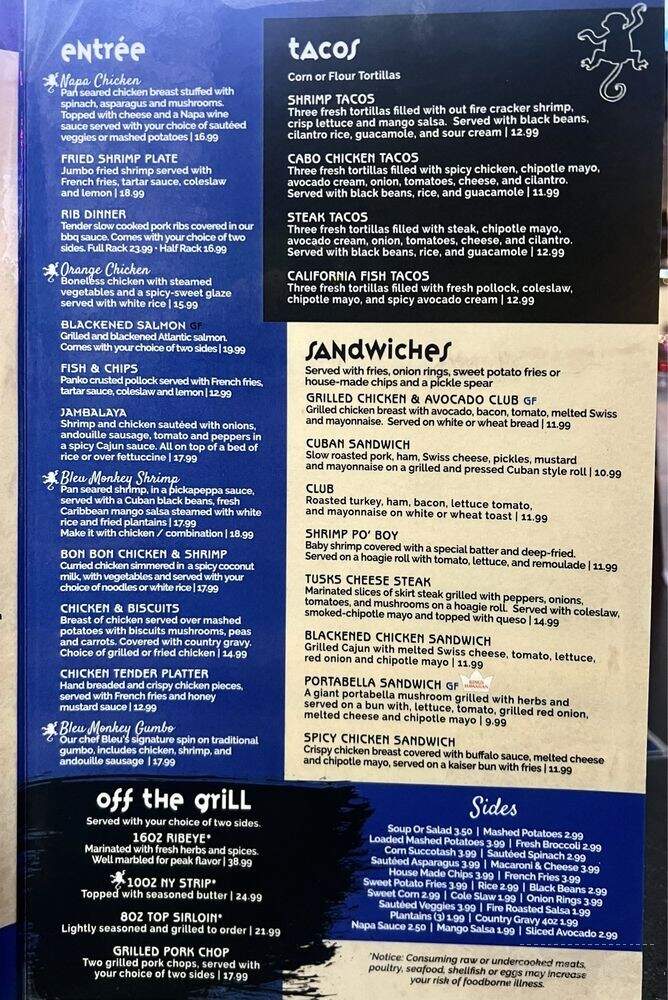 Bleu Monkey Grill - Little Rock, AR menu_pic