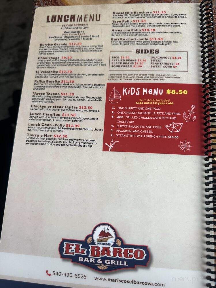 Mariscos El Barco Bar and Grill - Staunton, VA menu_pic