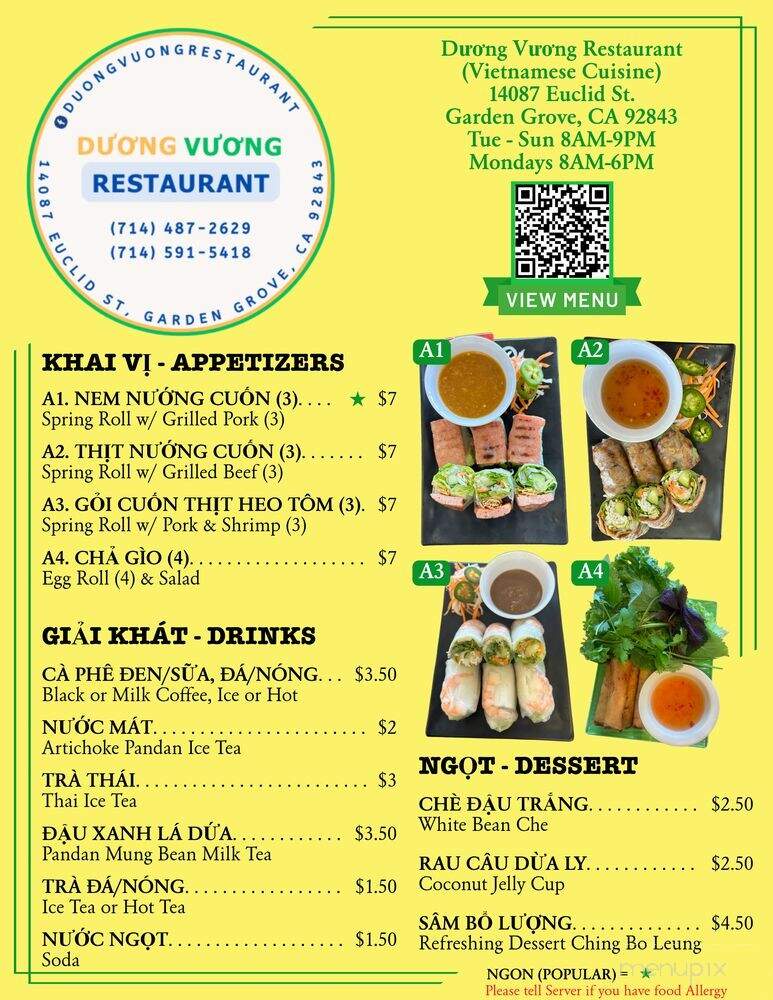 Duong Vuong Restaurant - Garden Grove, CA menu_pic