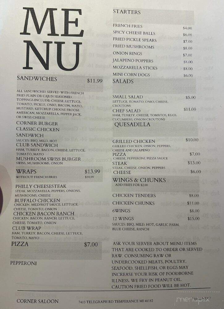 Corner Saloon - Temperance, MI menu_pic