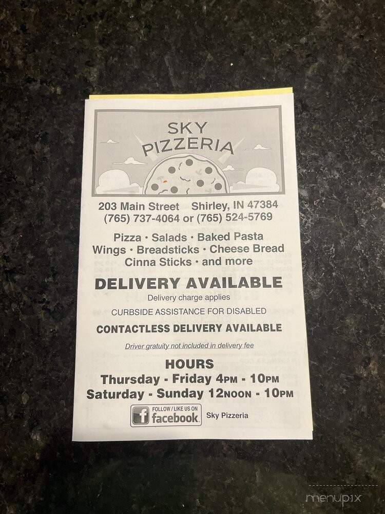Sky Pizzeria - Shirley, IN menu_pic