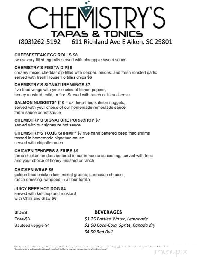 Chemistry's Tapas & Tonics - Aiken, SC menu_pic