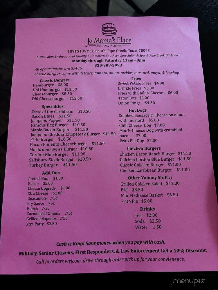Jo Mamas Place - Pipe Creek, TX menu_pic