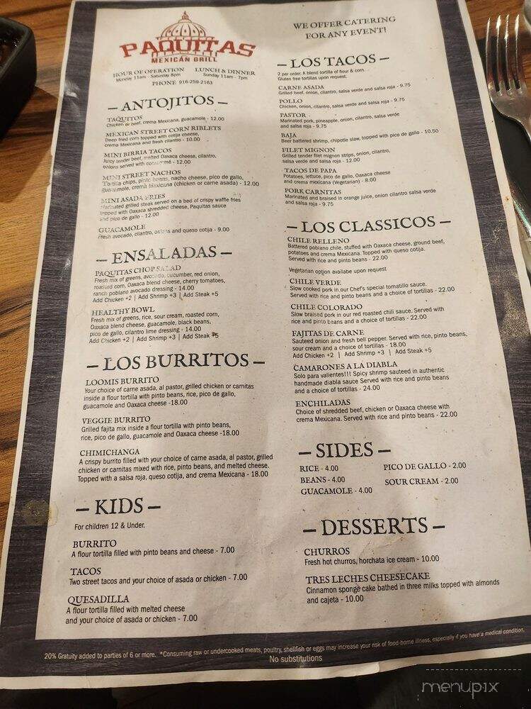 Paquitas Mexican Grill - Loomis, CA menu_pic