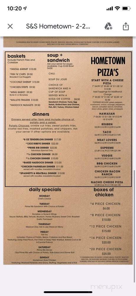S&S Hometown Bar & Restaurant - Oconto Falls, WI menu_pic