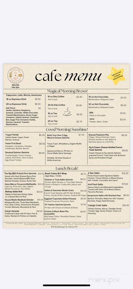 Sallies & Sammies - Hanover, PA menu_pic