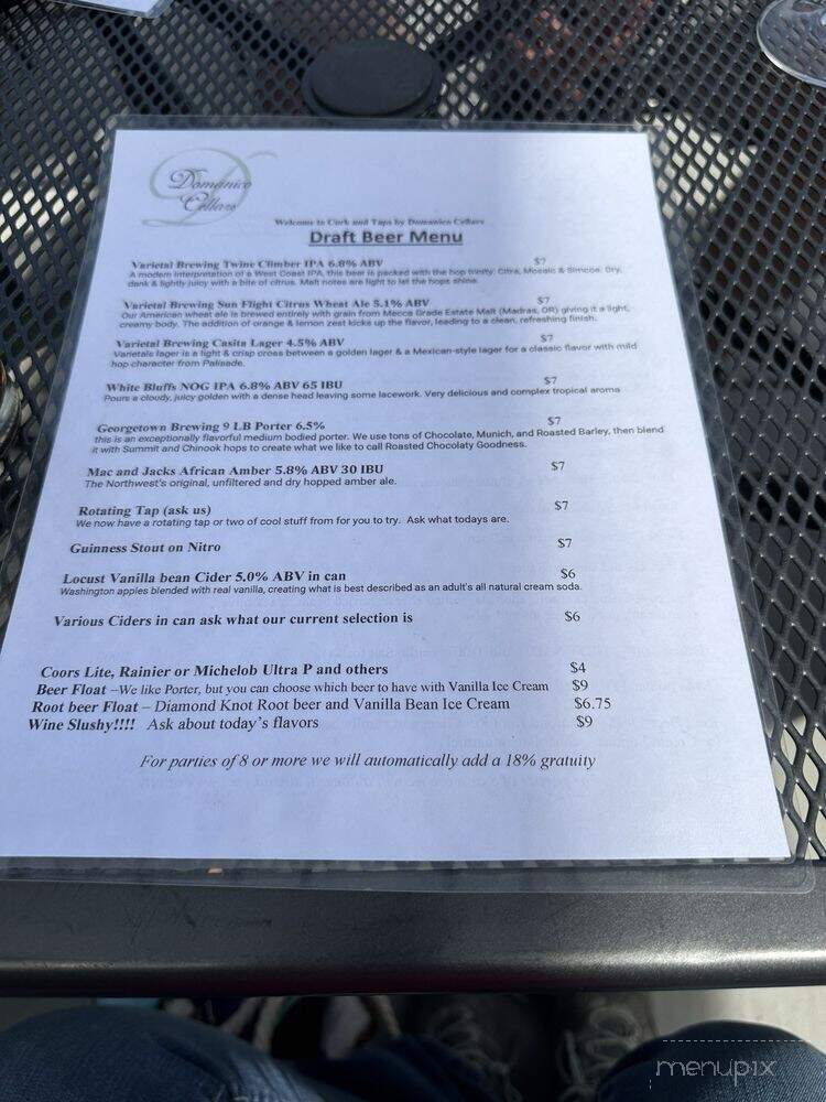 Cork and Taps by Domanico Cellars - Prosser, WA menu_pic