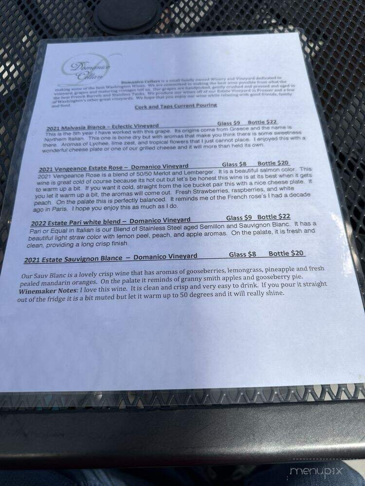 Cork and Taps by Domanico Cellars - Prosser, WA menu_pic