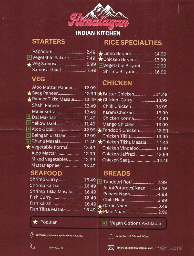 Himalayan Indian Kitchen - Apple Valley, CA menu_pic