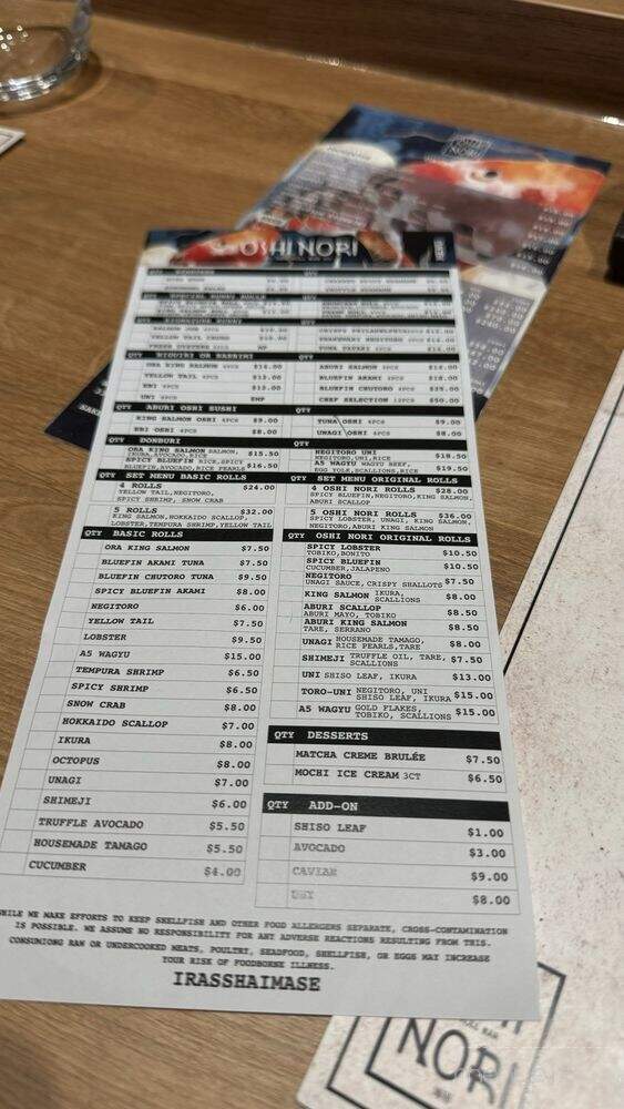 Oshi Nori - Vancouver, BC menu_pic