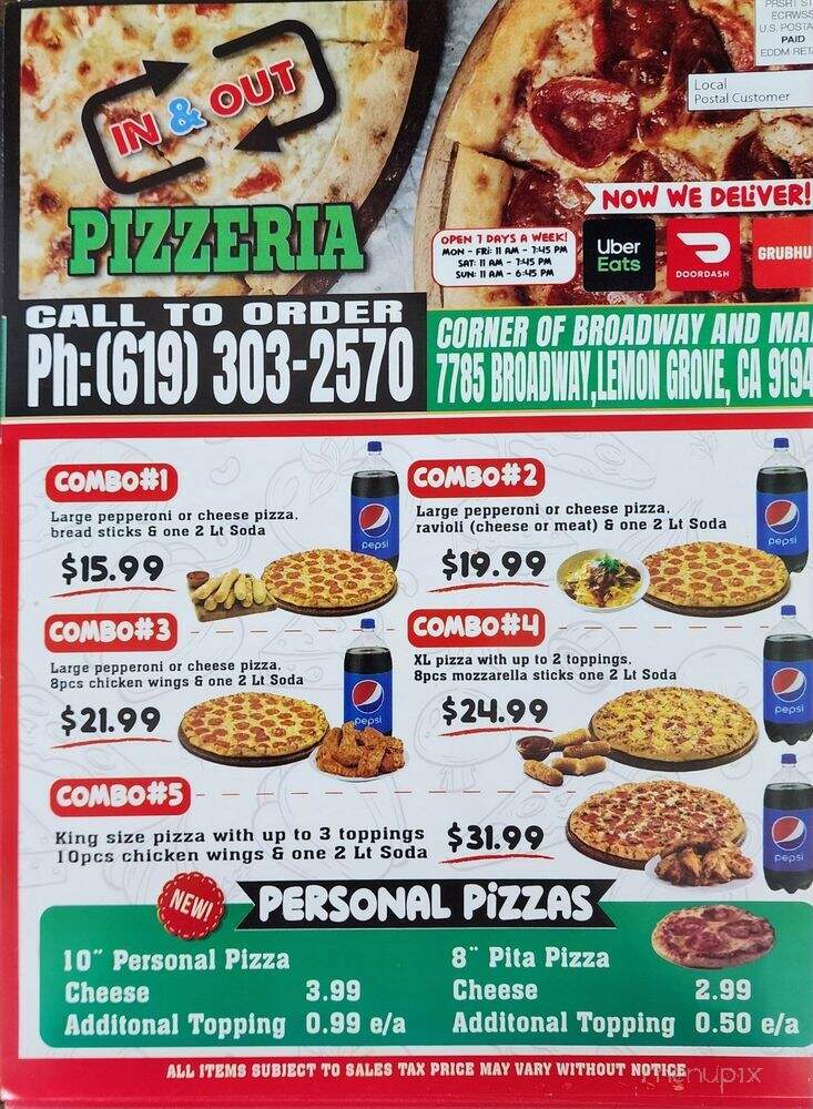 In and Out Pizzeria - Lemon Grove, CA menu_pic