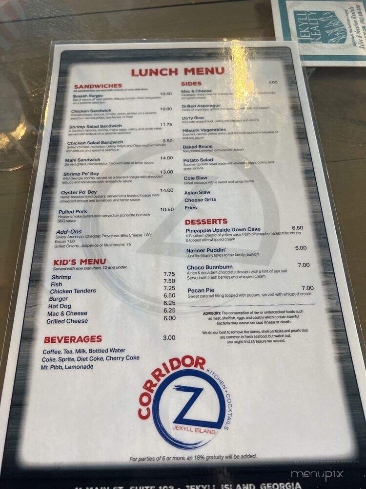 Corridor Z Kitchen+Cocktails - Jekyll Island, GA menu_pic