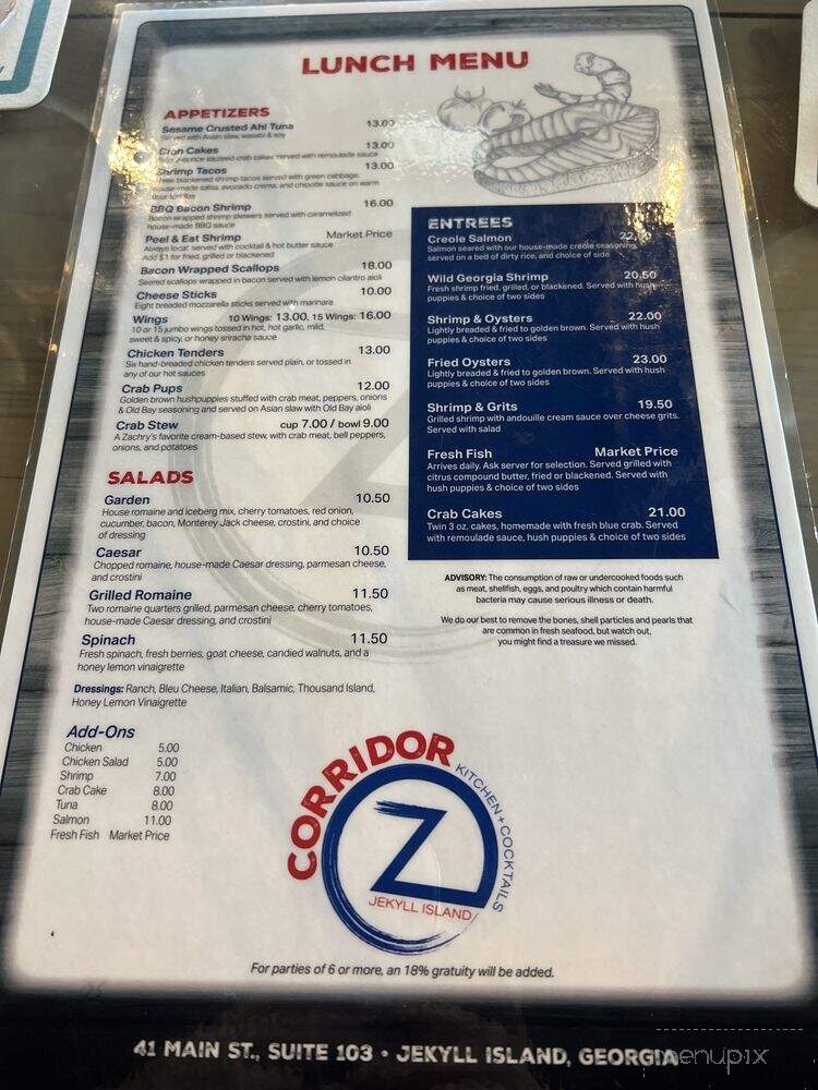 Corridor Z Kitchen+Cocktails - Jekyll Island, GA menu_pic