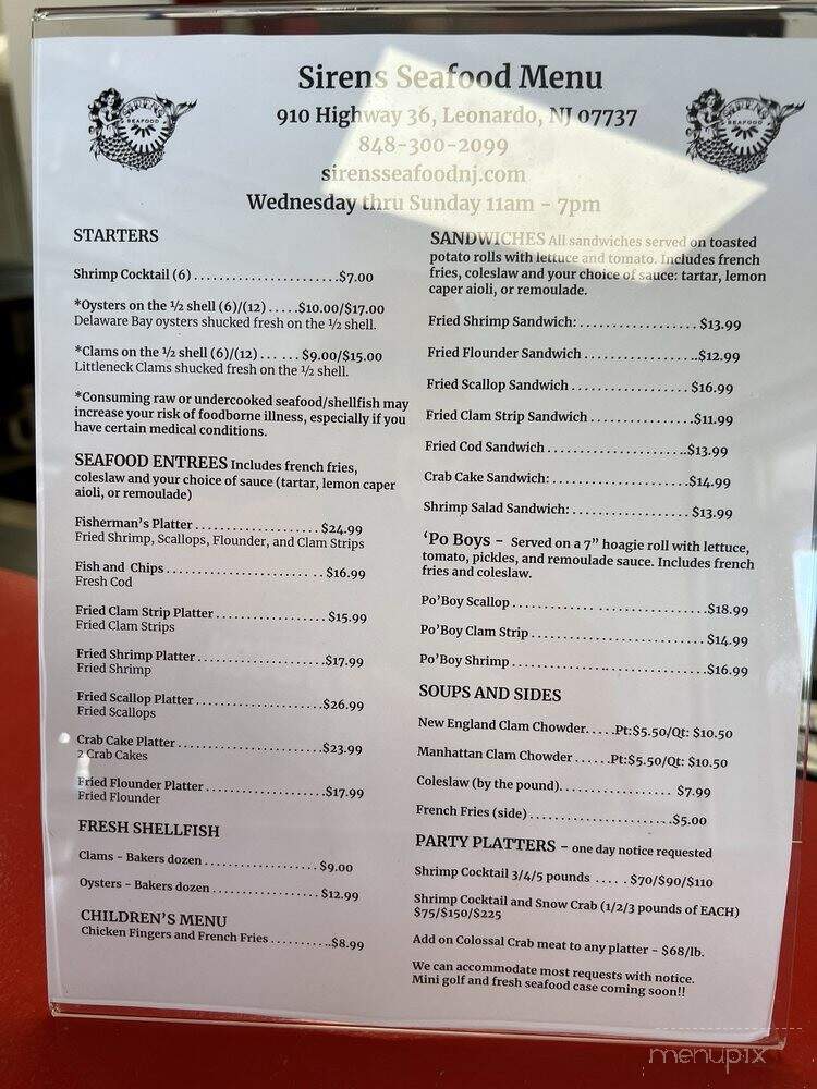 Sirens Seafood - Middletown Township, NJ menu_pic