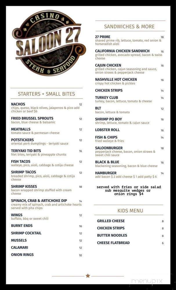 Saloon 27 Steak and Seafood - Sidney, MT menu_pic
