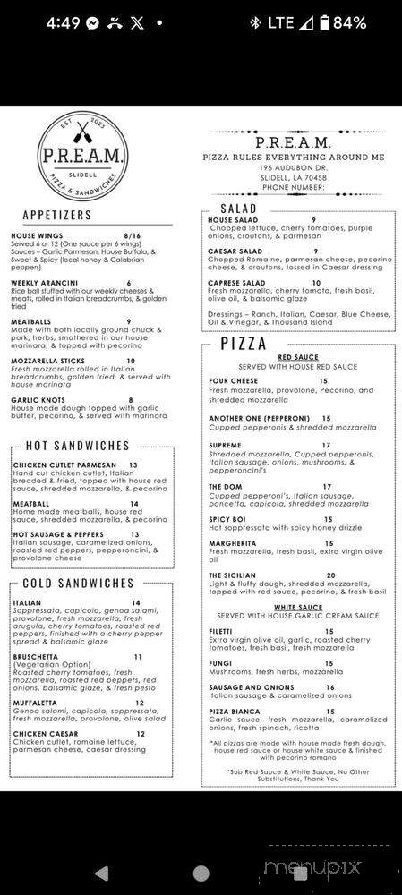 Pream Pizzas & Sandwiches - Slidell, LA menu_pic