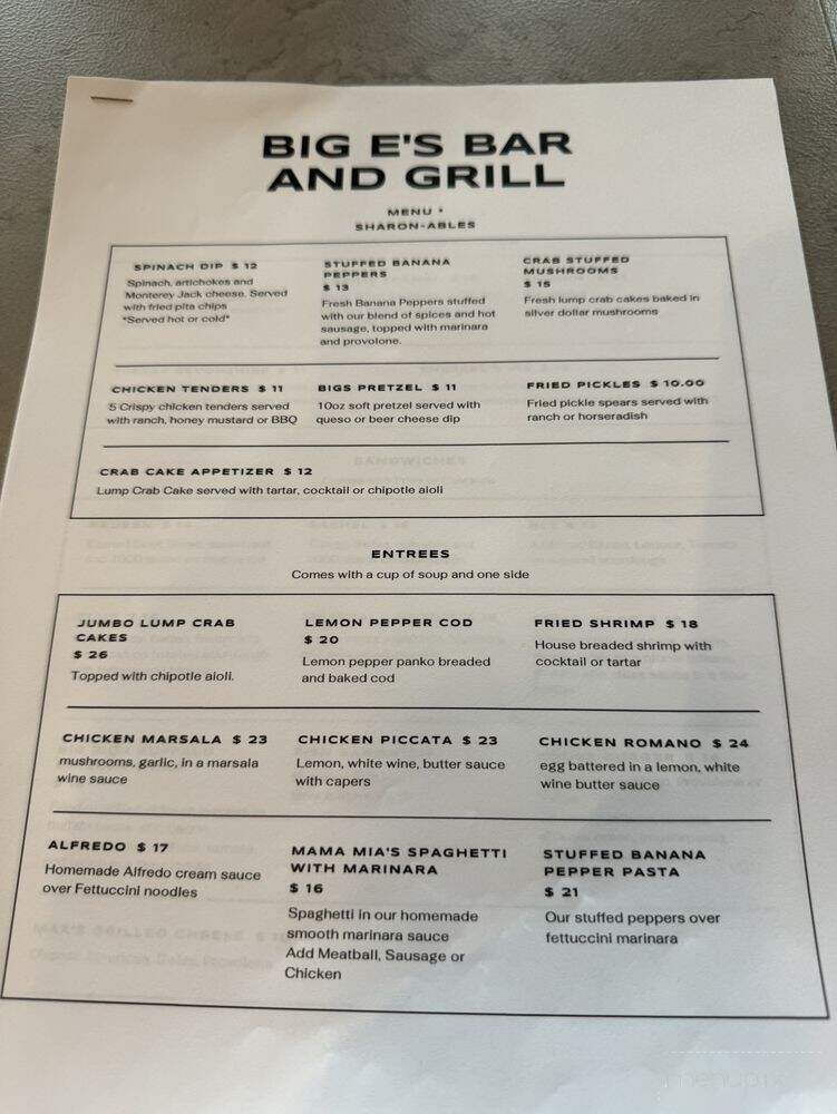 Big Es Bar and Grill - Sutersville, PA menu_pic