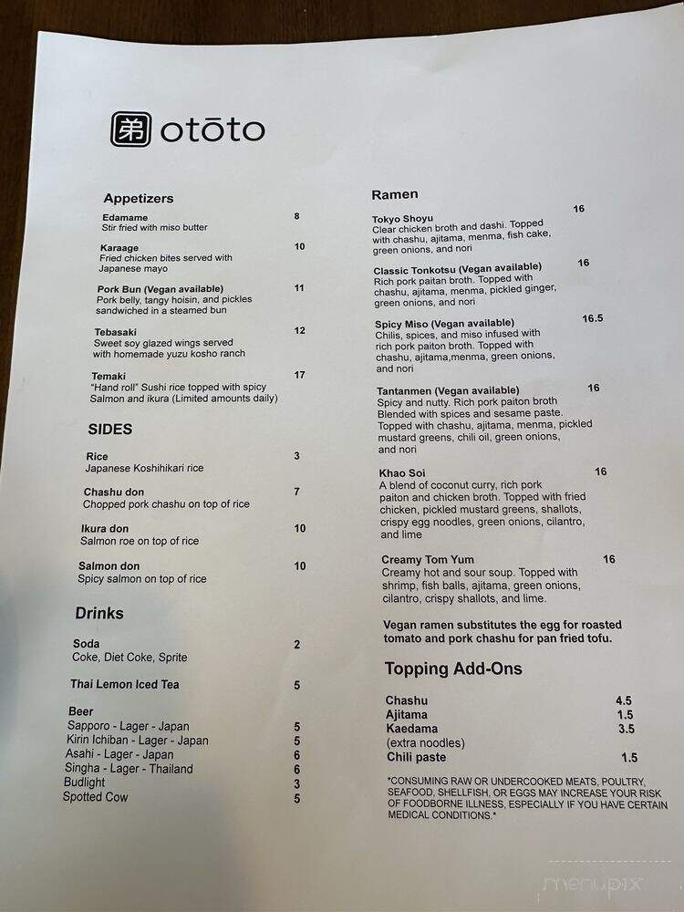 Ototo - Appleton, WI menu_pic