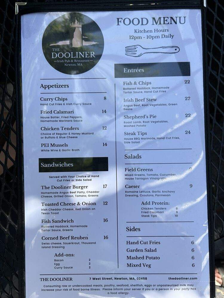 The Dooliner Irish Pub & Restaurant - Newton, MA menu_pic