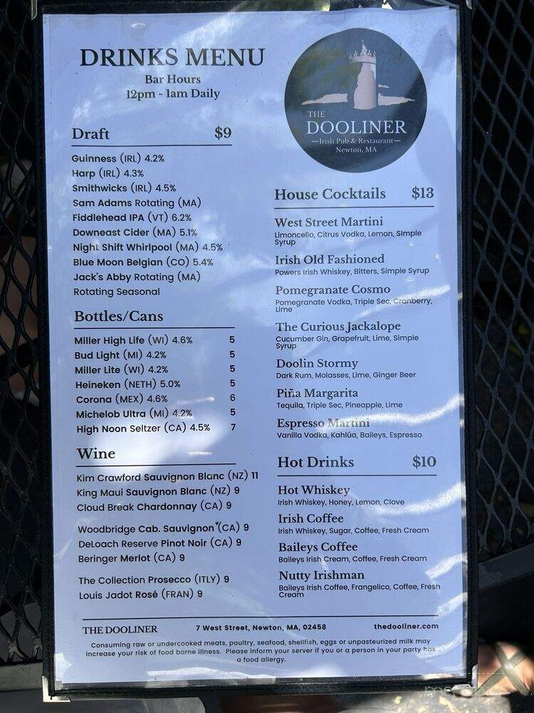 The Dooliner Irish Pub & Restaurant - Newton, MA menu_pic
