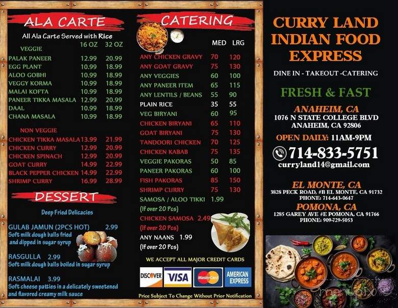Curry Land Indian Food - Anaheim, CA menu_pic