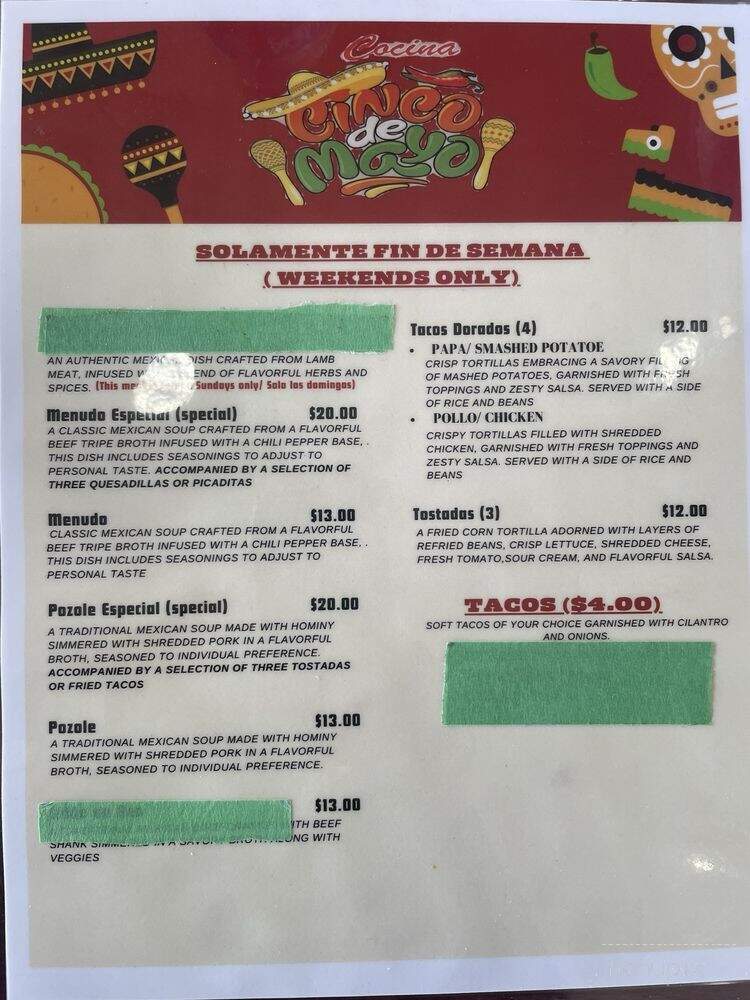 Cocina Cinco de Mayo - Huntsville, AL menu_pic