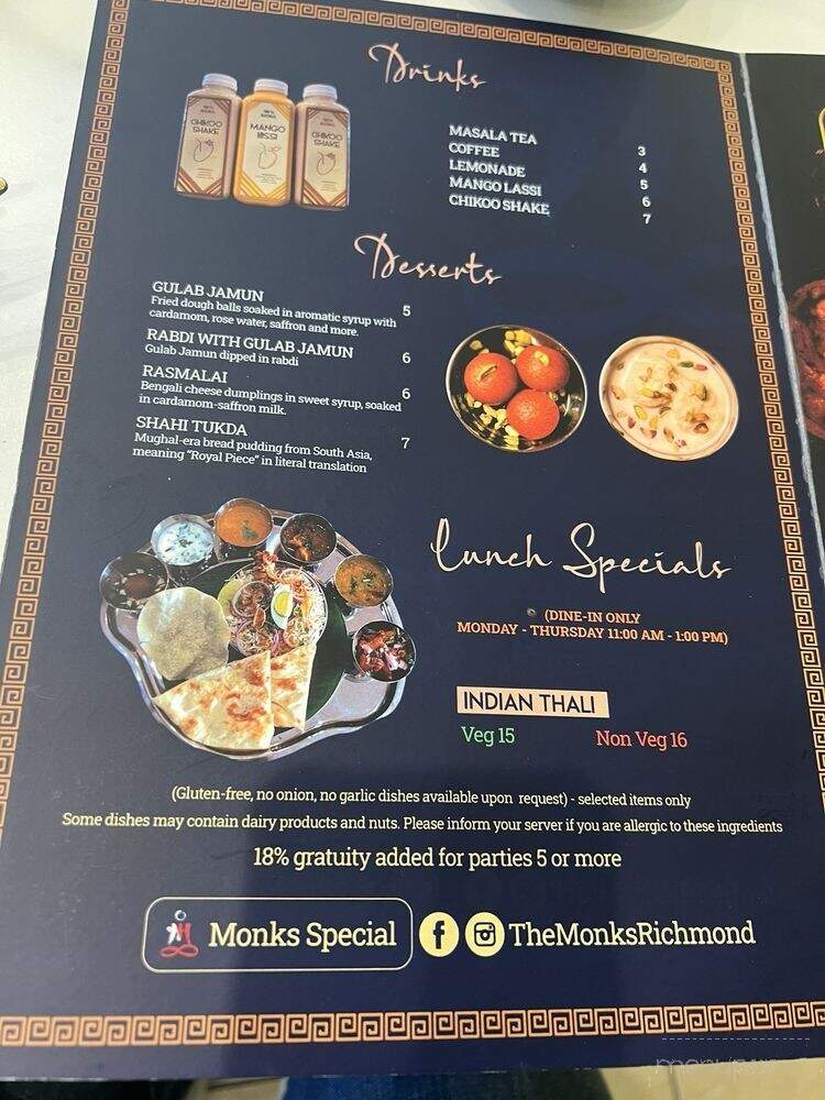 The Monk's Indian Bistro - Richmond, TX menu_pic