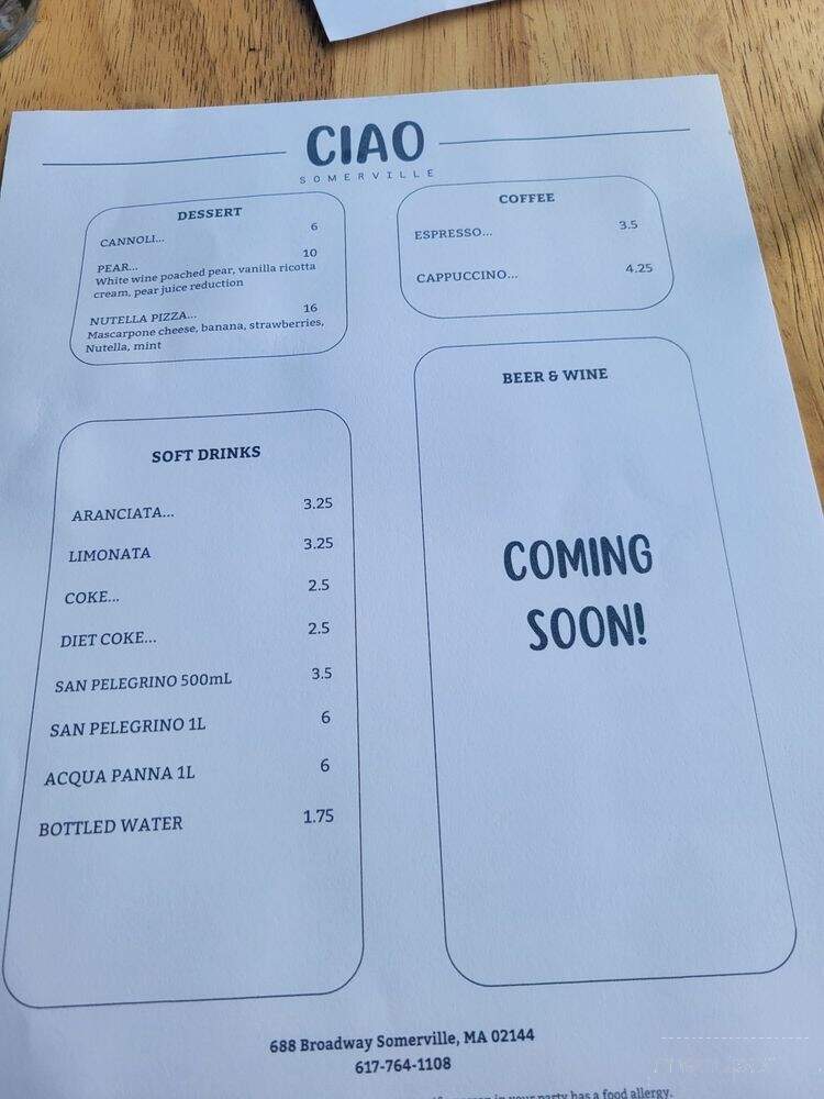 Ciao Pizza - Somerville, MA menu_pic