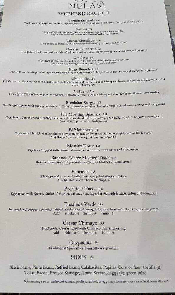Mulas - Corrales, NM menu_pic