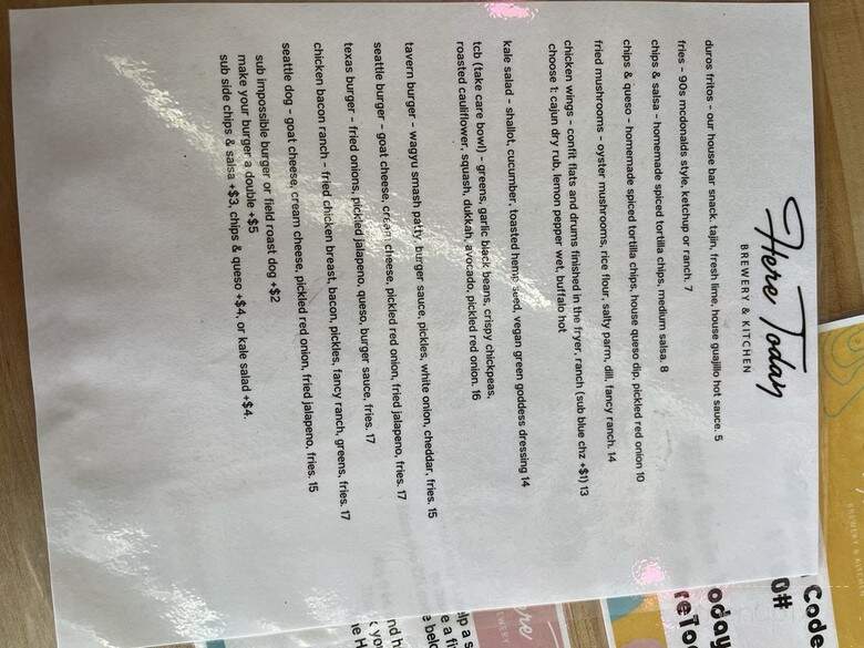 Here Today Brewery & Kitchen - Seattle, WA menu_pic