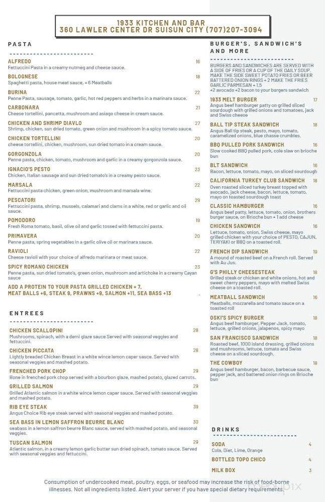 1933 Kitchen & Bar - Suisun City, CA menu_pic