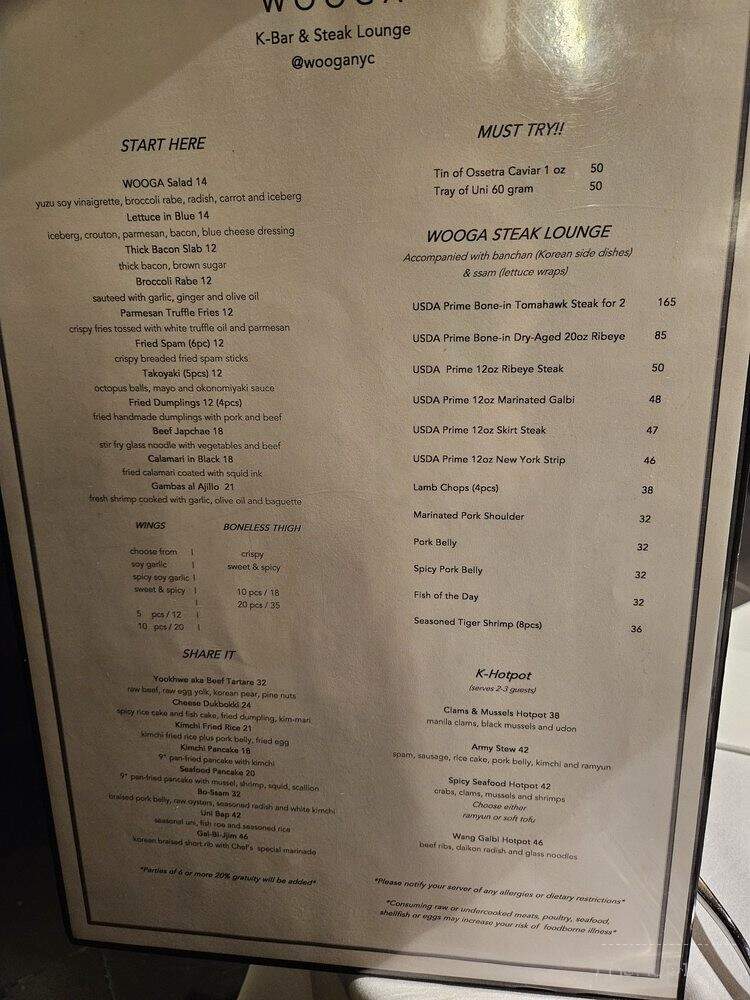 Wooga K-Bar & Steak Lounge - New York, NY menu_pic