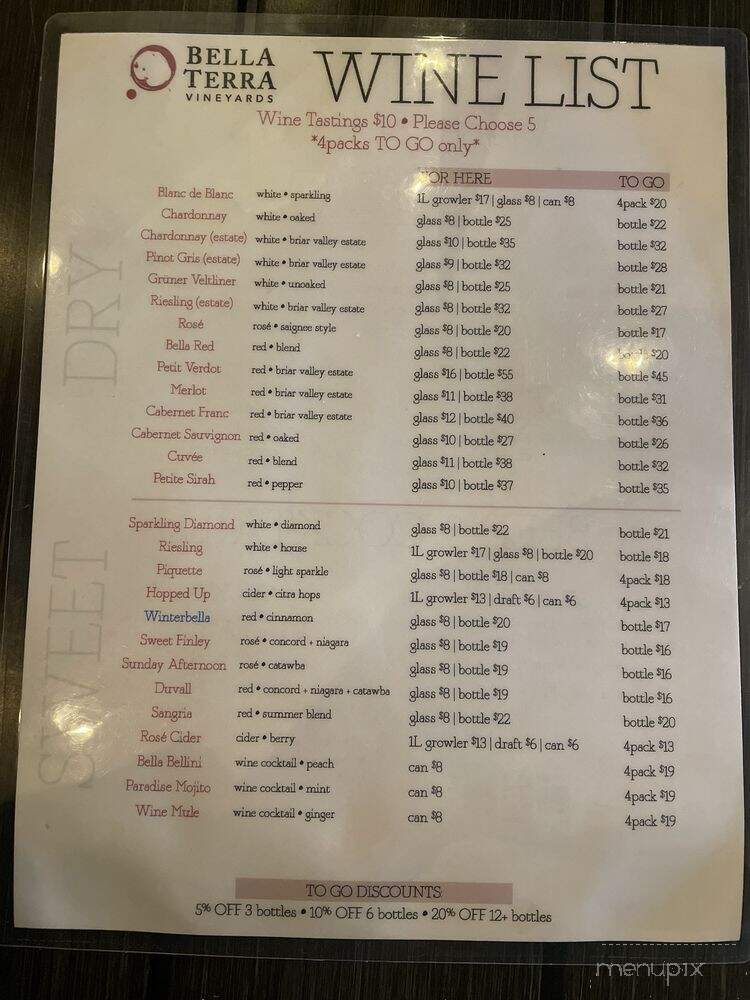BellaTerra Vineyards Wine Cave - Allison Park, PA menu_pic