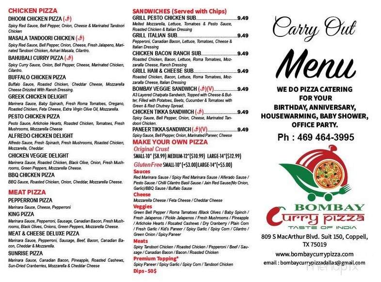 Bombay Curry Pizza Taste of India - Coppell, TX menu_pic