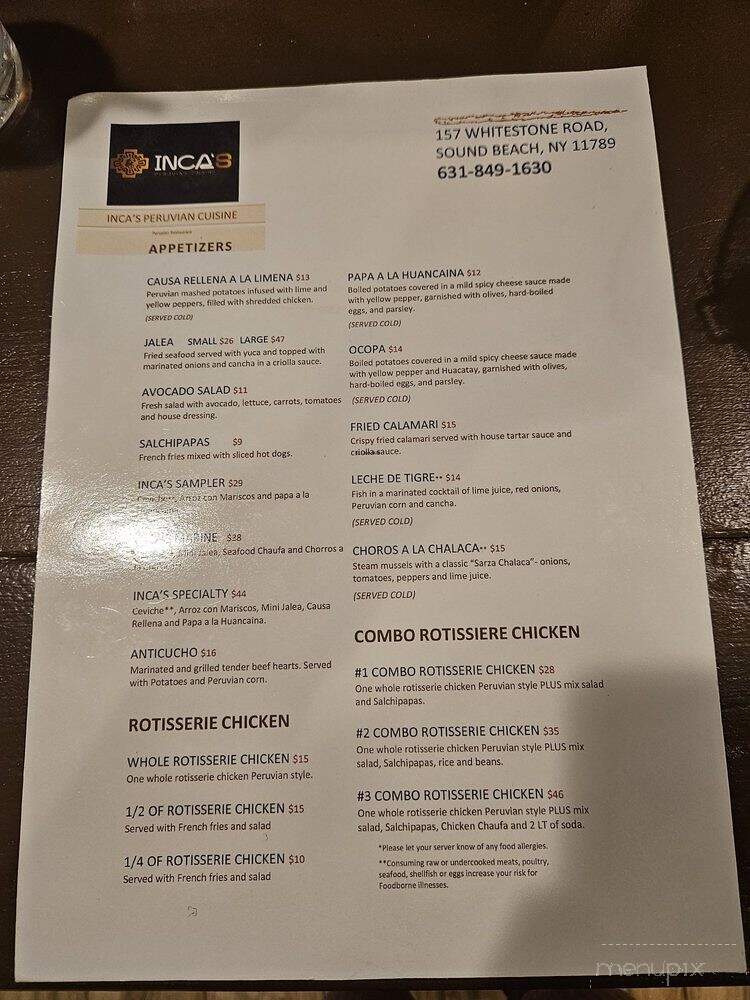 Inca's Peruvian Cuisine - Sound Beach, NY menu_pic