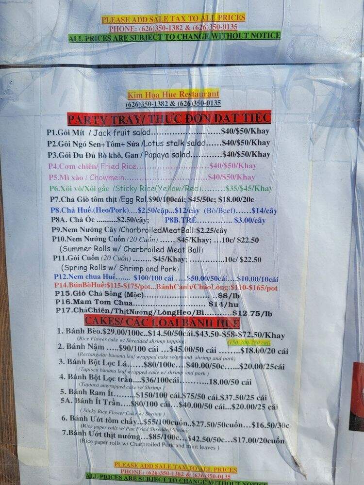 Kim Hoa Hue Restaurant - Temple City, CA menu_pic