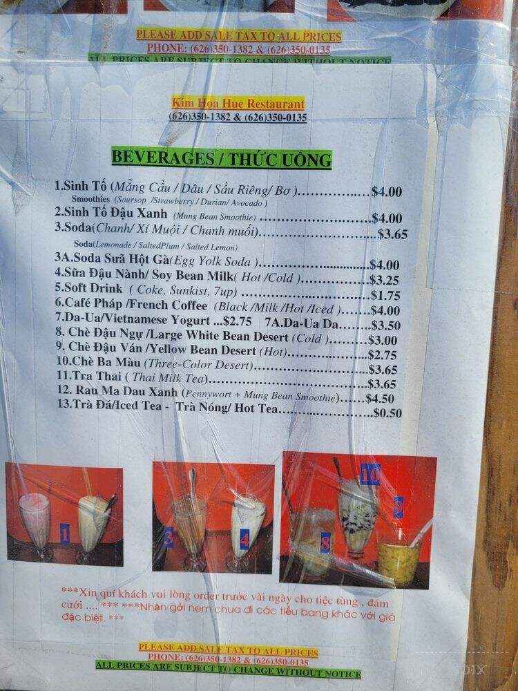 Kim Hoa Hue Restaurant - Temple City, CA menu_pic