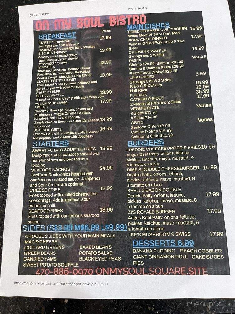 On My Soul Bistro - Slidell, LA menu_pic