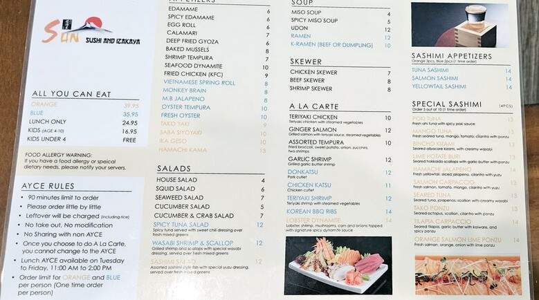 Sun Sushi and Izakaya - Gainesville, FL menu_pic