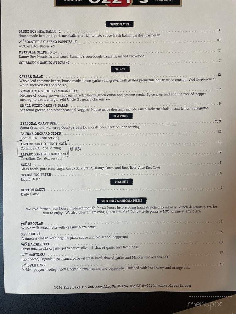 Ozzy's Pizzeria - Watsonville, CA menu_pic