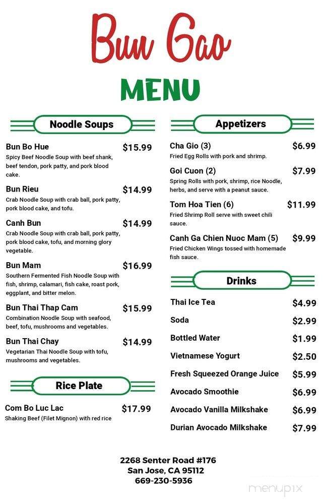Bun Gao Restaurant - San Jose, CA menu_pic