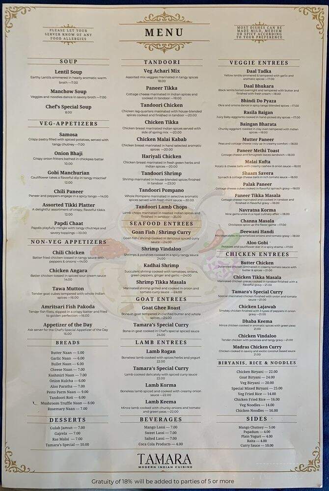 Tamara Modern Indian Cuisine - Orlando, FL menu_pic