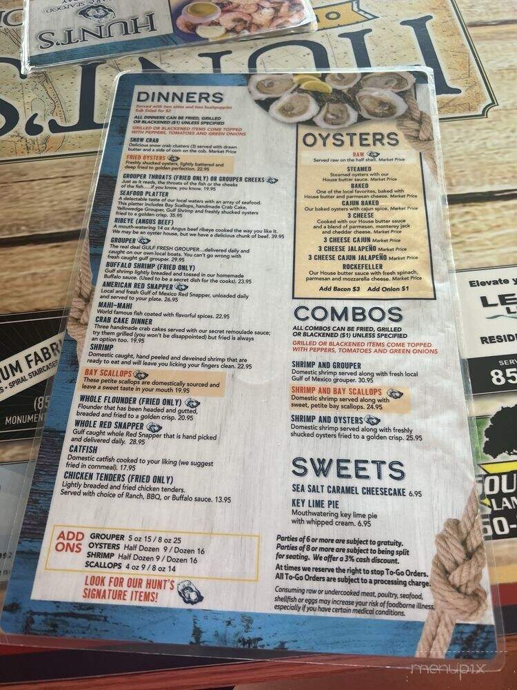 Hunt's Oyster Bar - Port St. Joe, FL menu_pic