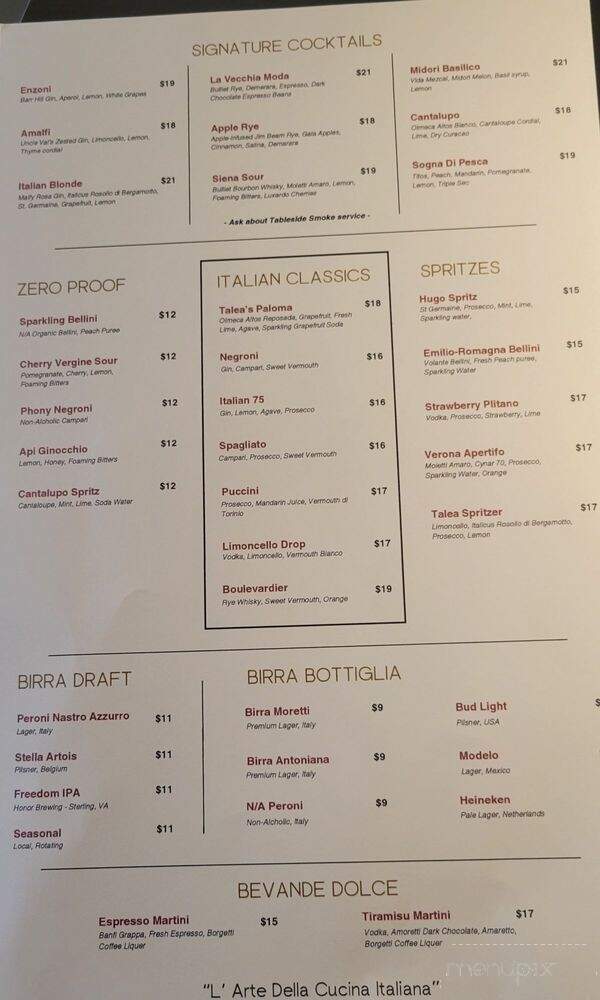 Talea Ristorante - Washington, DC menu_pic