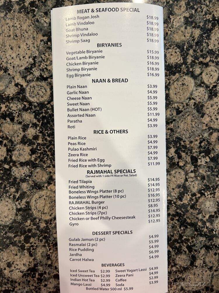 Raj Mahal Indian Restaurant - Canton, GA menu_pic