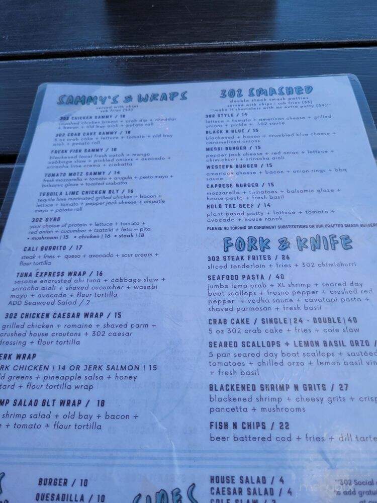 302 Social - Rehoboth Beach, DE menu_pic