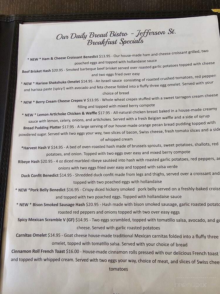 Our Daily Bread Bistro - Roanoke, VA menu_pic