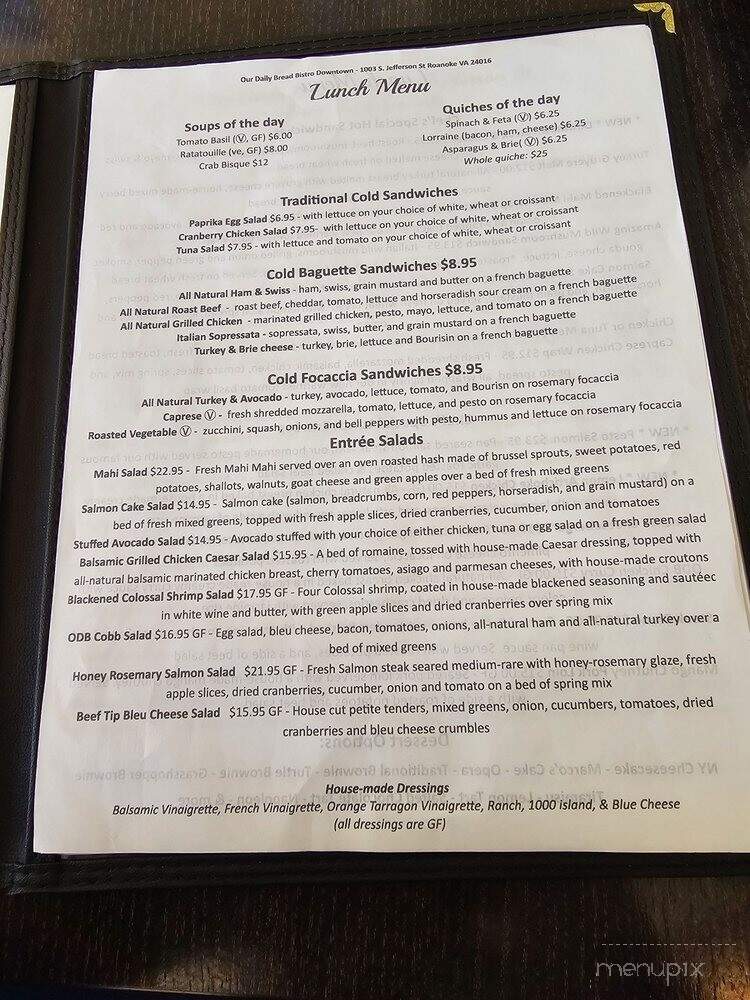 Our Daily Bread Bistro - Roanoke, VA menu_pic