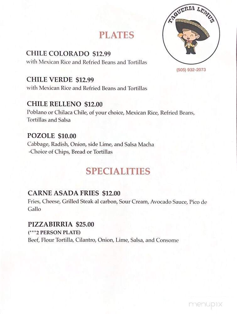 Taqueria Lemus - Farmington, NM menu_pic